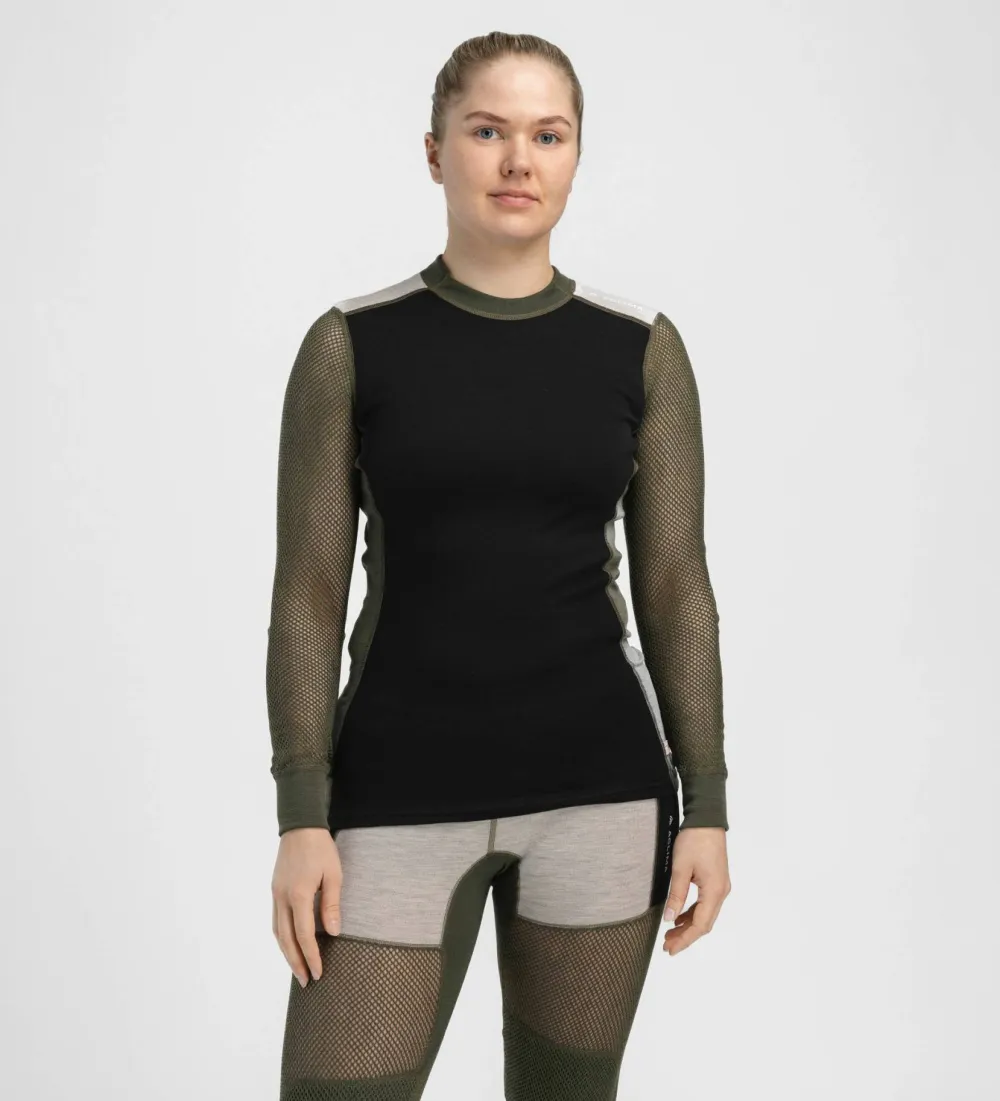 Aclima Women's WoolNet Hybrid Crew Neck Jet Black/Tarmac/Beige Melange