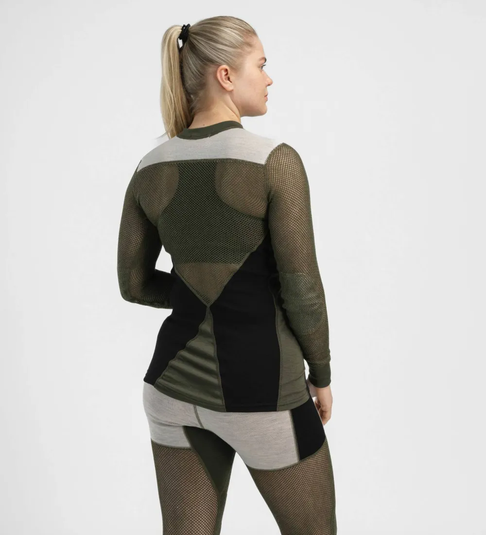 Aclima Women's WoolNet Hybrid Crew Neck Jet Black/Tarmac/Beige Melange