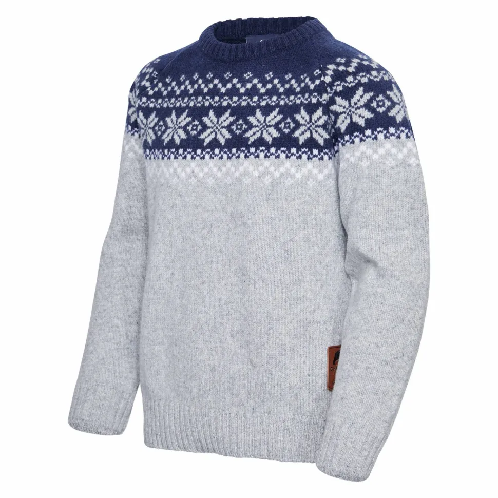 Gridarmor Kids' Snøkrystall Round Neck Ullgenser Light Grey/Dark Navy/White