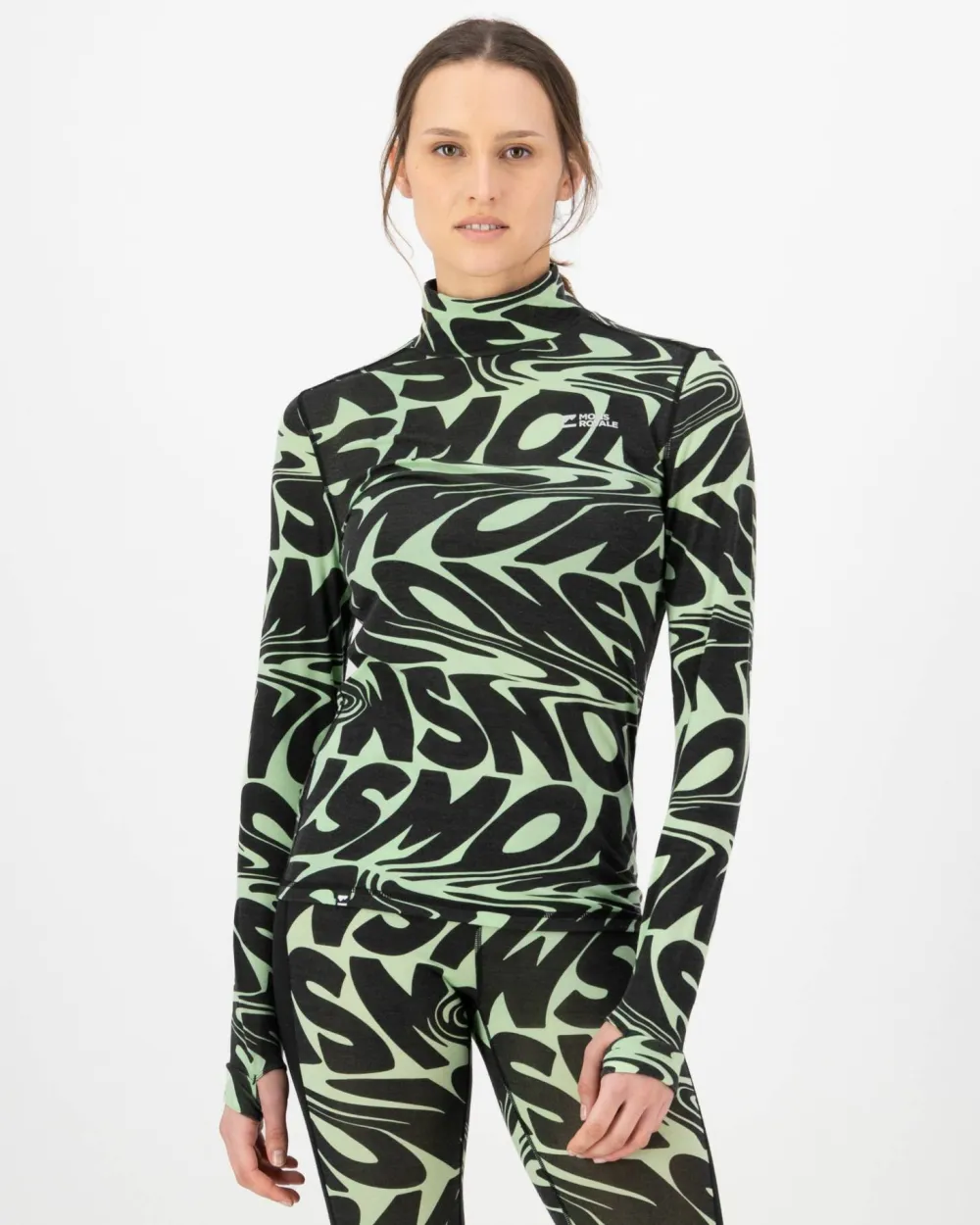 Mons Royale Women's Cascade Merino Base Layer Mock Neck Long Sleeve Signal Lost Matcha Hot