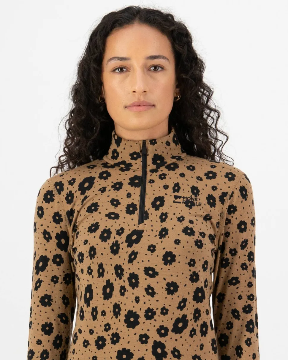 Mons Royale Women's Cascade Merino Base Layer 1/4 Zip Long Sleeve Aoraki Lily Toffee