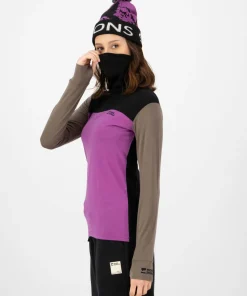 Mons Royale Women's Yotei Merino High Neck Long Sleeve Purple Bolt/Walnut/Black Clearance
