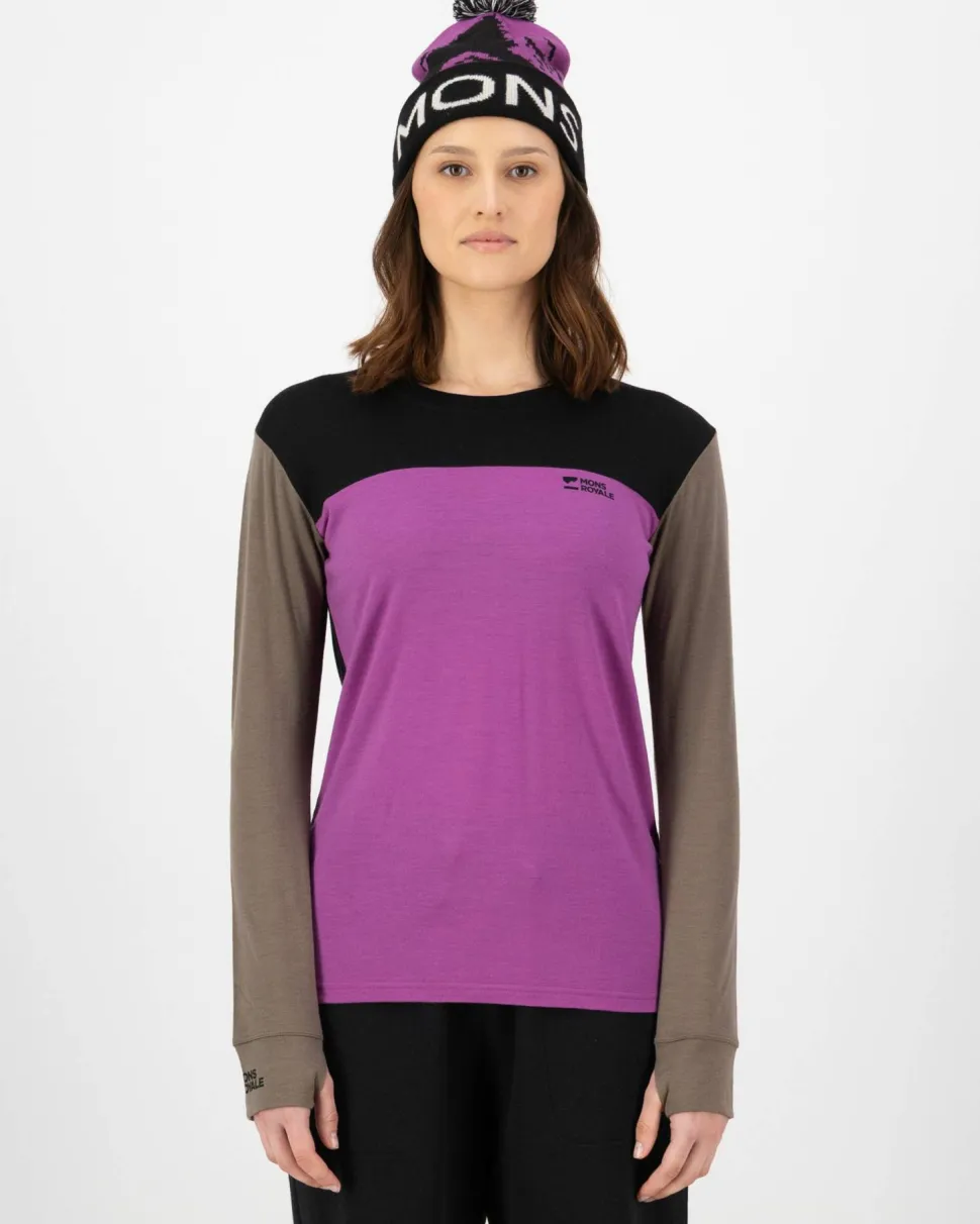Mons Royale Women's Yotei Merino Long Sleeve Purple Bolt/Walnut/Black
