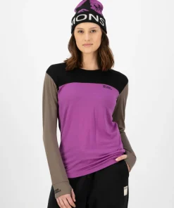 Mons Royale Women's Yotei Merino Long Sleeve Purple Bolt/Walnut/Black