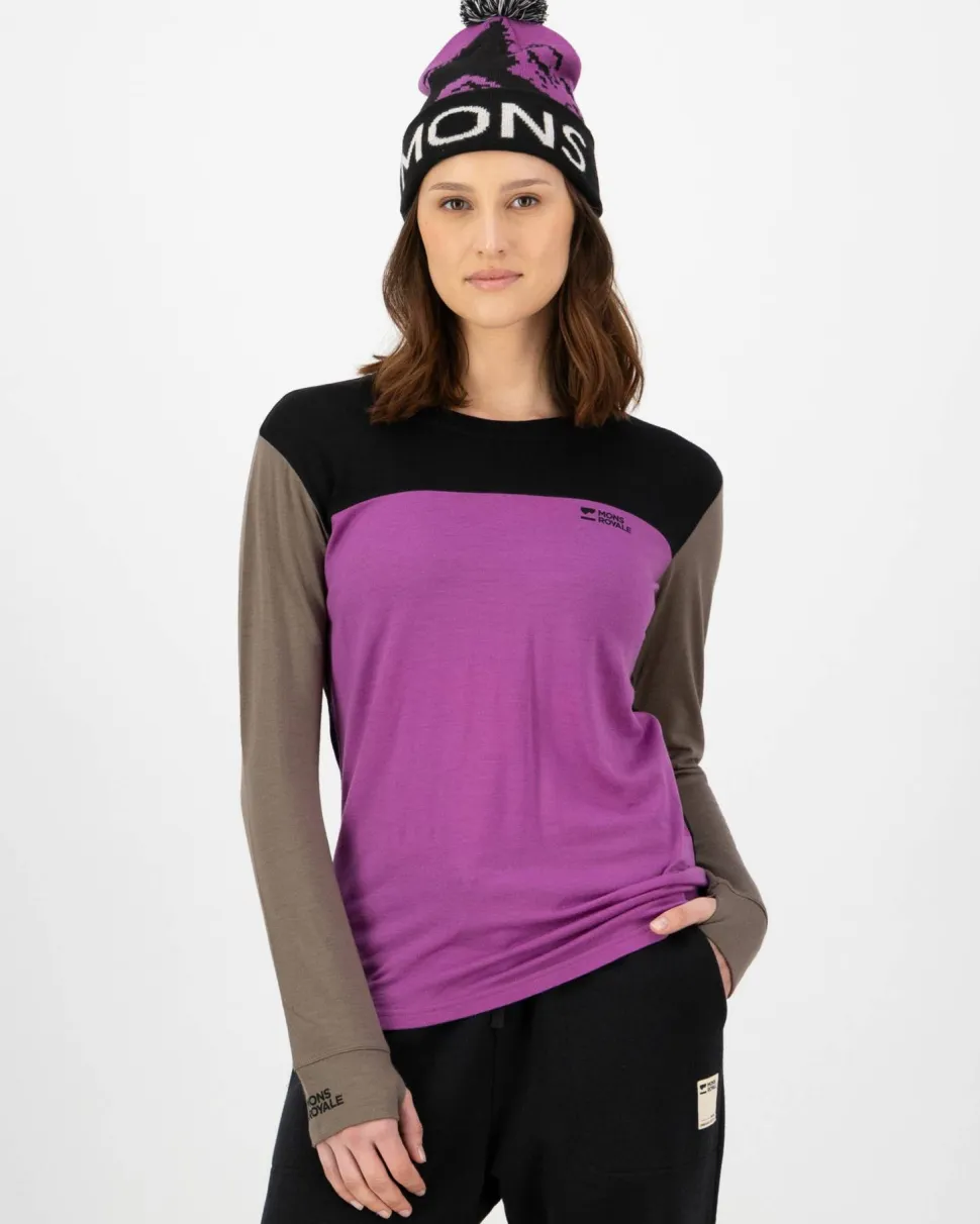 Mons Royale Women's Yotei Merino Long Sleeve Purple Bolt/Walnut/Black