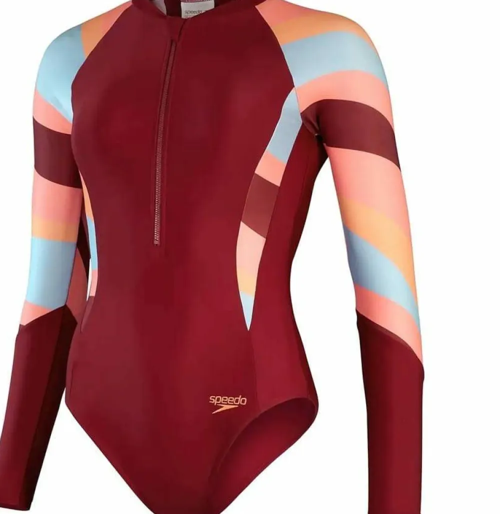 Speedo Women's Long Sleeve Swim Suit Oxblood/Coral Discount