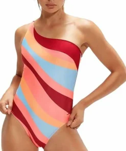 Speedo Women's Printed Asymmetric 1 Piece Oxblood/Coral